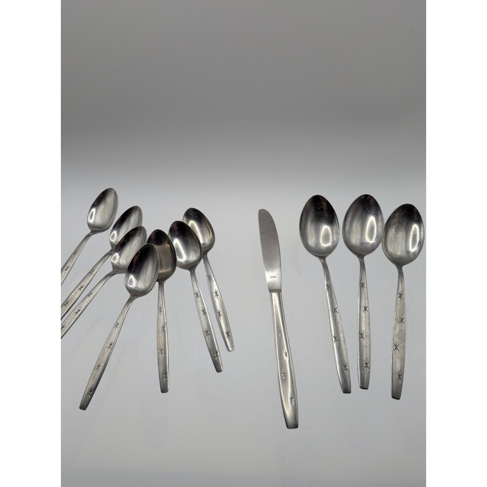 Vintage  Stainless Flatware Atomic Starburst 4 Star Japan 11 Pieces